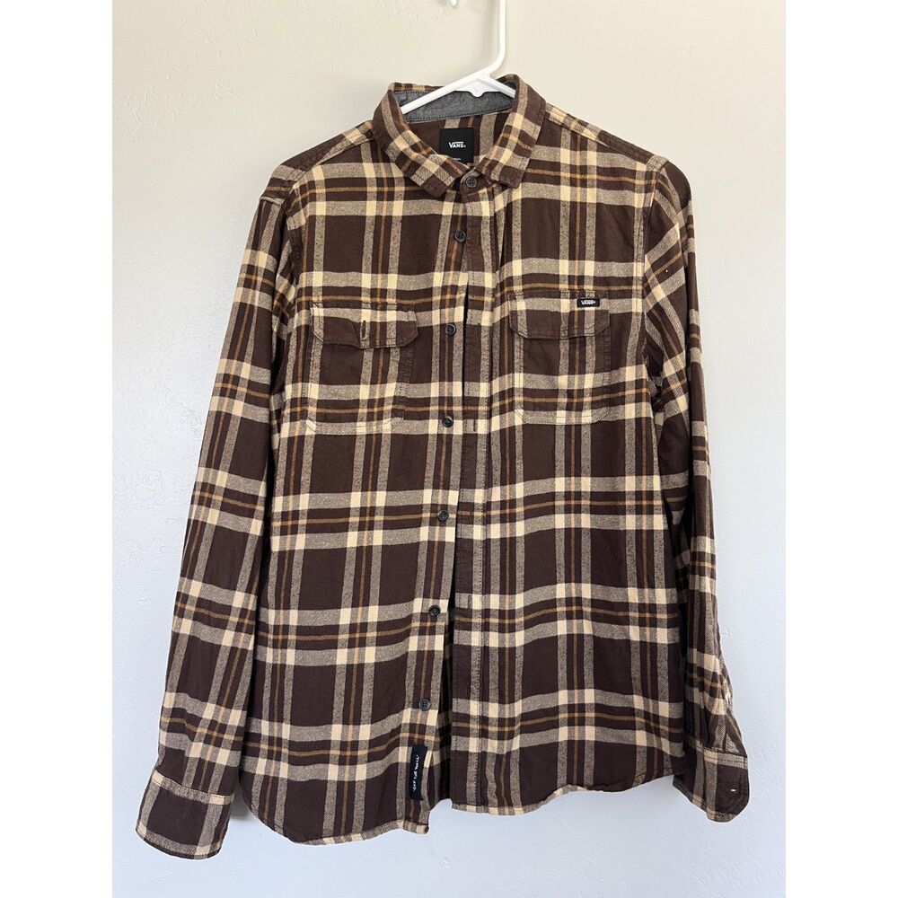 VANS Off The Wall Mens Plaid Flannel Brown Long Sleeve Shirt Size Small